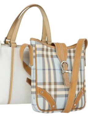 BURBERRY Nova Check Hand Bag Leather PVC 2 Set White Light Blue